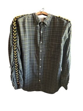 Furst of a Kind Men's XL Green Plaid Button-Up Shirt with Yellow Lace Detail